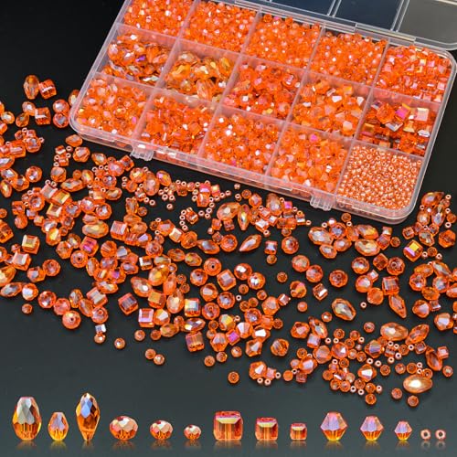 Laopottbeads 1500 Pcs Crystal Glass Beads for Jewelry Making – 12 Styles Bicone, Rondelle, Cube, Teardrop & 3mm Spacer Beads, DIY Bracelet Necklace Earring Craft Kit Random Colors(Orange) - Image 1