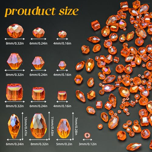 Laopottbeads 1500 Pcs Crystal Glass Beads for Jewelry Making – 12 Styles Bicone, Rondelle, Cube, Teardrop & 3mm Spacer Beads, DIY Bracelet Necklace Earring Craft Kit Random Colors(Orange) - Image 2