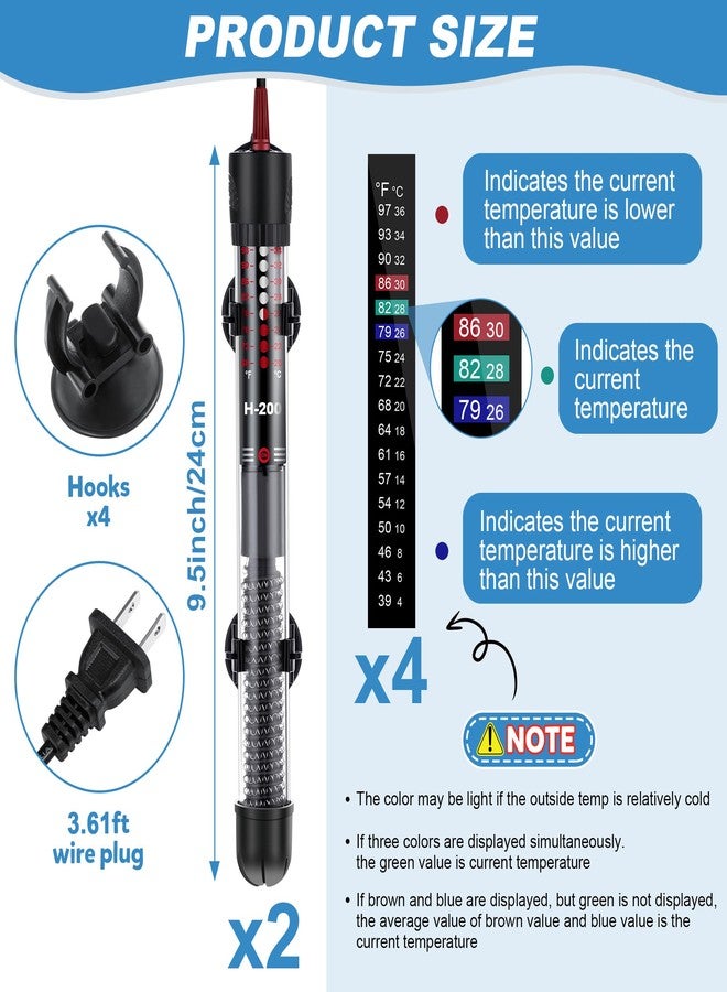 Dreyoo سخان حوض السمك الغاطس من دريو، طقم من قطعتين، سخان حوض سمك قابل للتعديل بقدرة 100 واط/300 واط مع 4 ملصقات ترمومتر ومثبتات، ترموستات بمقبض قابل للتعديل للمياه المالحة والمياه العذبة (100 واط). - Image 3
