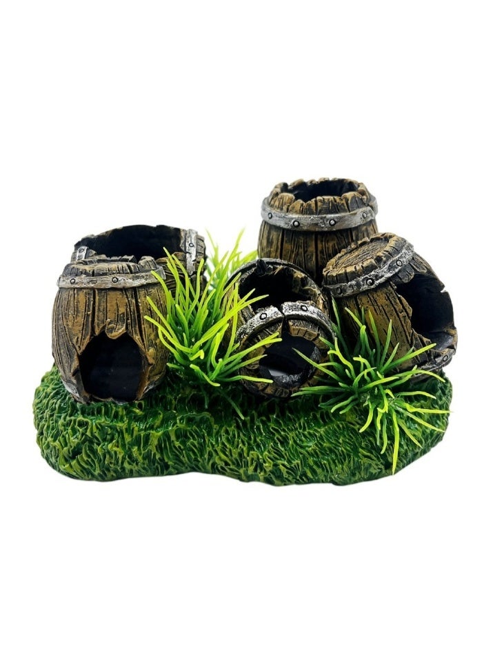 حوض سمك برميل كهف مخفي مع نباتات زينة حوض السمك نموذج مائي زينة حوض السمك ديكور بحري زينة - Image 1