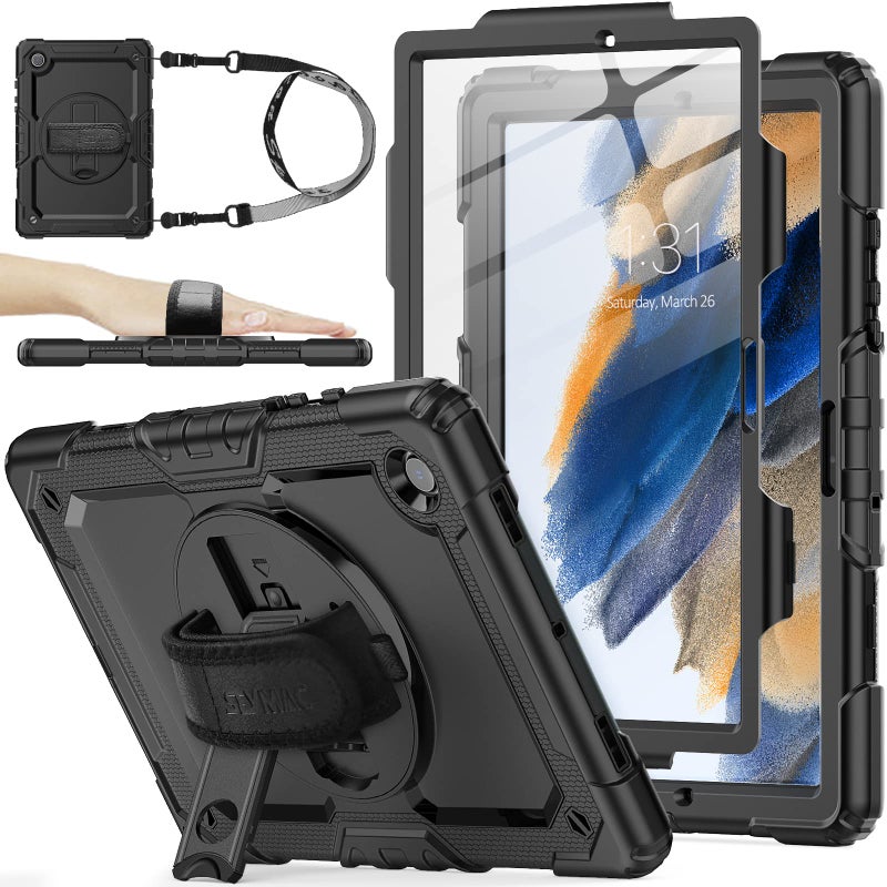 SEYMAC stock Case for Samsung Galaxy Tab A8 10.5'', Full-Body Drop Protection Case with Screen Protector Pencil Holder [360Â° Rotating Hand Strap] &Stand, Black - Image 1