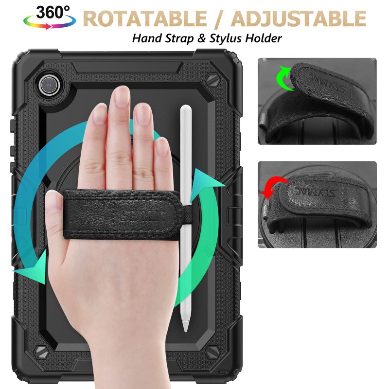 SEYMAC stock Case for Samsung Galaxy Tab A8 10.5'', Full-Body Drop Protection Case with Screen Protector Pencil Holder [360Â° Rotating Hand Strap] &Stand, Black - Image 4