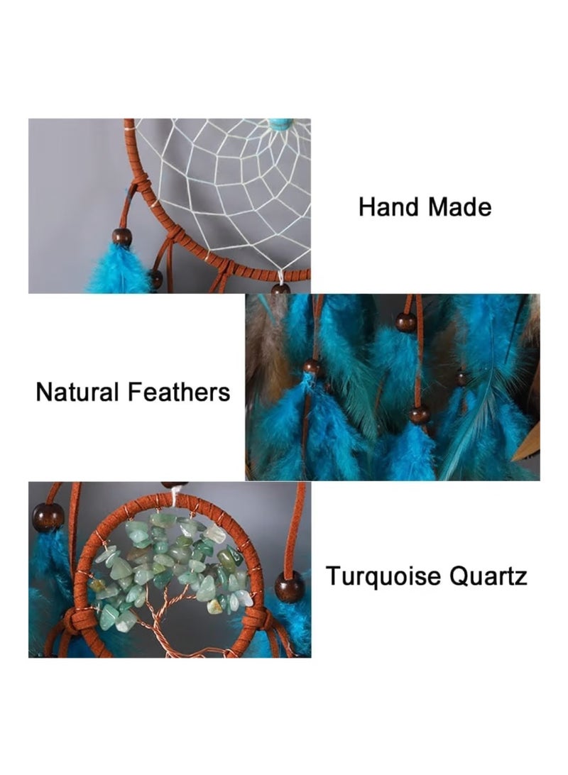 BetterJonny Dream Catcher Tree of Life Blue Dreamcatcher, BetterJonny Handmade Feather Dreamcatcher with Natural Healing Crystal Stone Wall Hanging Home Decoration for Home Ornament Craft - Image 4