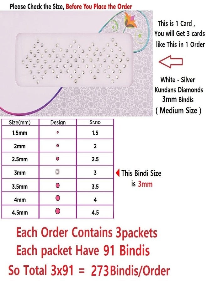 Silver Diamond Kundan White Stone Bindis kumkum Sticker Stick bindiya Tiki Set for Ladies Fashion (Pack of 3 Sheets Medium Size 3 mm) - Image 1