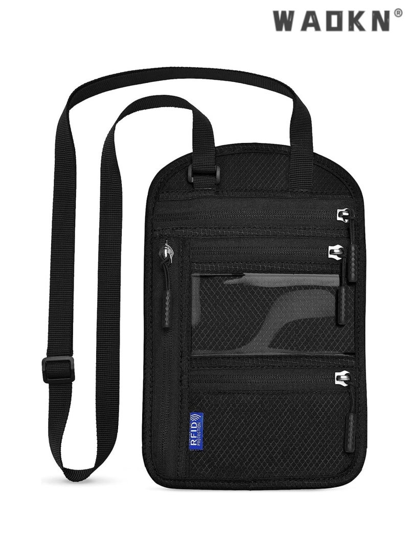 دبليو أيه أو كي أن متعددة الوظائف حامل جواز السفر وتتفاعل السرق الرقبة حقيبة ، حقيبة تخزين جواز السفر ، حقيبة سفر آمنة ، تذكرة كليب ، محايد حقيبة الصدر للهاتف الذكي ، وثائق السفر والعملات ، أسود - Image 1