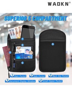 WAOKN Multi-function Travel Passport Holder RFID Anti-theft Neck Bag, Passport Organizer Pouch, Secure Travel Bag, Air Ticket Holder, Unisex Chest Bag for Smartphone, Travel Documents, and Money, Black  - Image 5