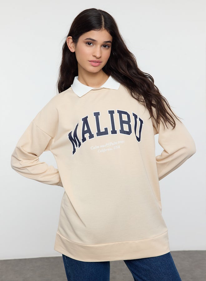 trendyol Beige Polo Neck Embroidered Detailed Knitted Sweatshirt - Image 2