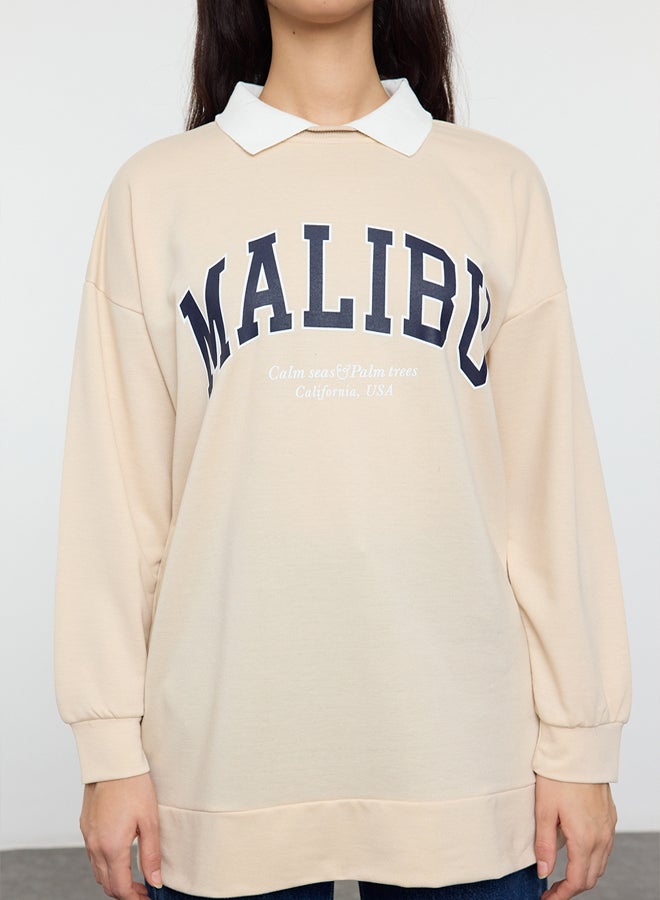 trendyol Beige Polo Neck Embroidered Detailed Knitted Sweatshirt - Image 4