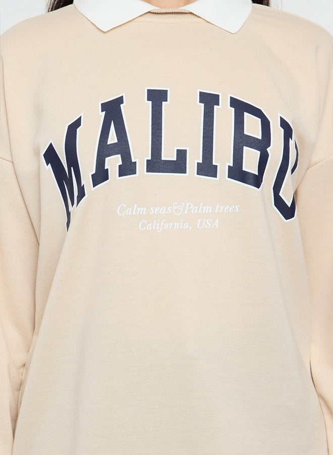 trendyol Beige Polo Neck Embroidered Detailed Knitted Sweatshirt - Image 3