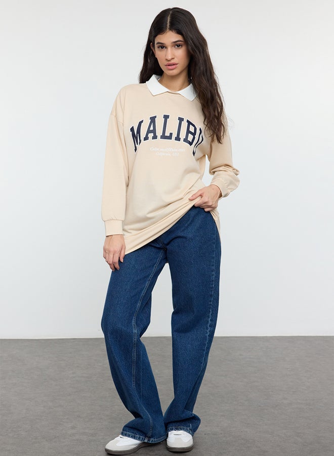 trendyol Beige Polo Neck Embroidered Detailed Knitted Sweatshirt - Image 1