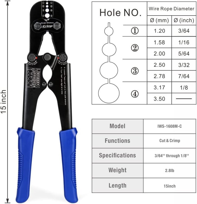 IWISS iCrimp Swaging Tool, Wire Rope Crimping Tools for Aluminum Copper Duplex Hourglass Sleeves, Stop Buttons and Ferrules with Built-in Cable Cutter Works from 3/64-inch to 1/8-inch - Image 1