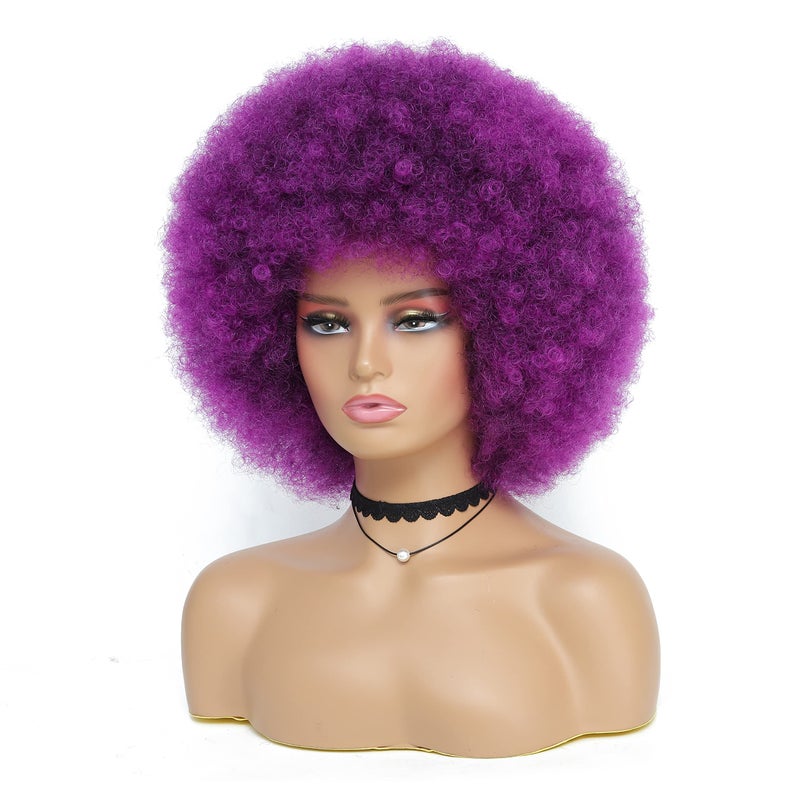 JSDshine 70s Afro Kinky Curly Wig For Women Purple Synthetic Fibers Soft Bouncy Natural Looking With Bangs