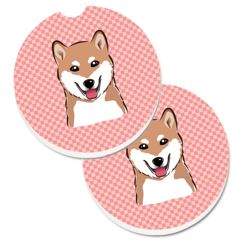 Caroline's Treasures ""Caroline's Treasures Checkerboard Pink Shiba Inu Set of 2 Cup Holder Car Coasters BB1225CARC  2.56  Multicolor"" 