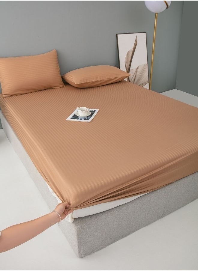 LUNA Home Premium 6 Piece King Size Duvet Cover Satin Stripe Solid Brown Tan  - Image 4