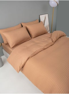 LUNA Home Premium 6 Piece King Size Duvet Cover Satin Stripe Solid Brown Tan  - Image 2
