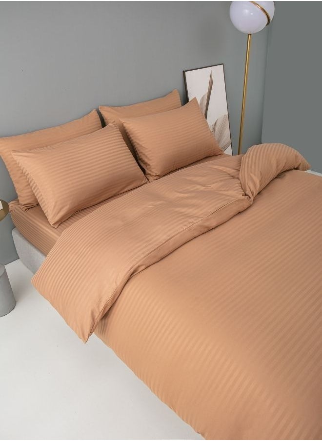 LUNA Home Premium 6 Piece King Size Duvet Cover Satin Stripe Solid Brown Tan  - Image 2