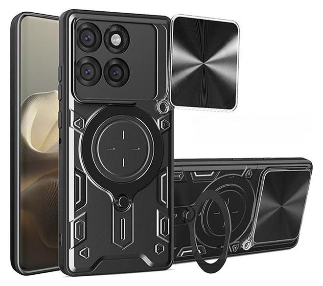 Case For Motorola Moto Edge 60 Pro 5G with Slide Camera Cover and Stand Kickstand Magnetic Ring, High Quality Shockproof Protective Cover, Anti-Fall Drop Protection, Shockproof Case, Black - Image 1