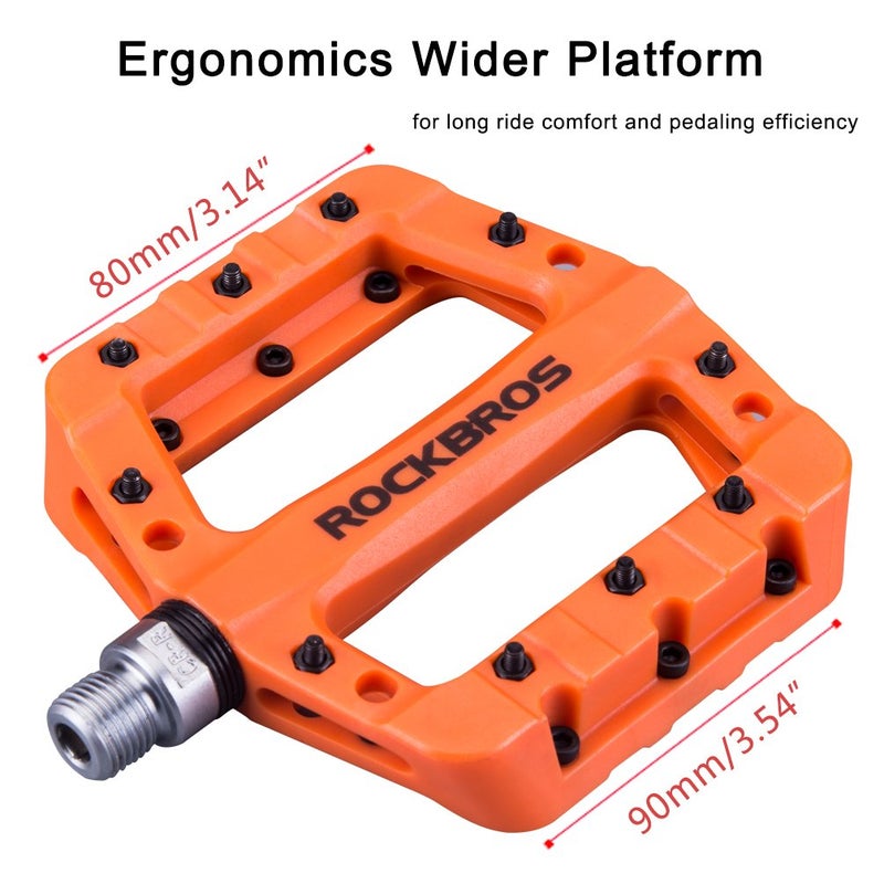 RockBros Lightweight Mountain Bike Pedals Nylon Fiber Bicycle Platform Pedals for BMX MTB 9/16" Orange - Image 3