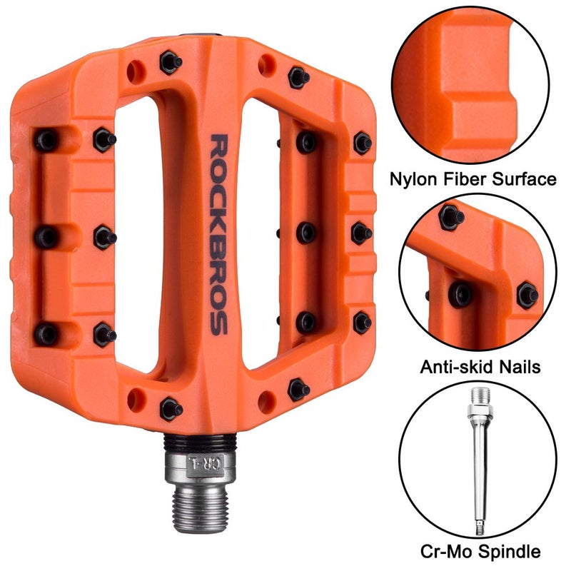 RockBros Lightweight Mountain Bike Pedals Nylon Fiber Bicycle Platform Pedals for BMX MTB 9/16" Orange - Image 4