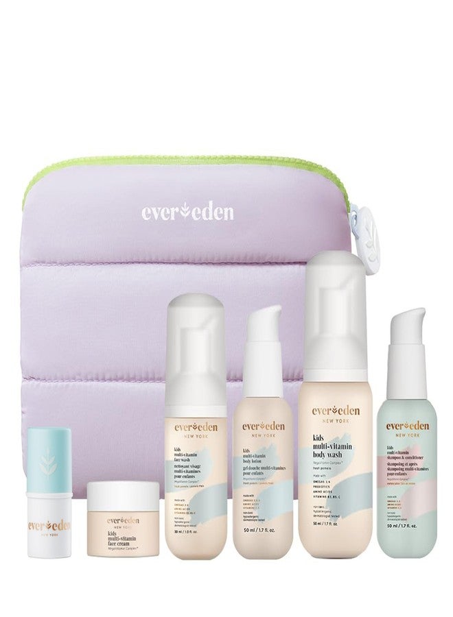 Evereden Kids Travel Set and Baby Lip Balm - Clean & Vegan 6-Piece Skin Care Set for Kids | Multi-Vitamin set - Body Wash, Lotion, Face Wash, Cream, Shampoo & Conditioner in a Puffy bag | TSA-approved - Image 1