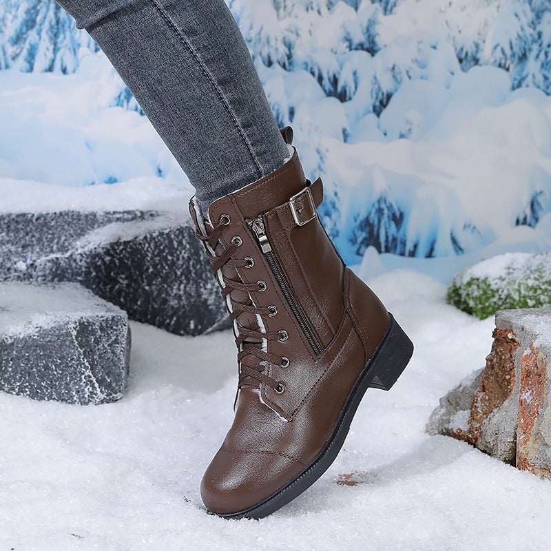 Lou Yuan Women's Mid-Calf Winter Snow Boots 2024 Retro Plus Size Side Zip Chunky Heel PU Boots - Image 5