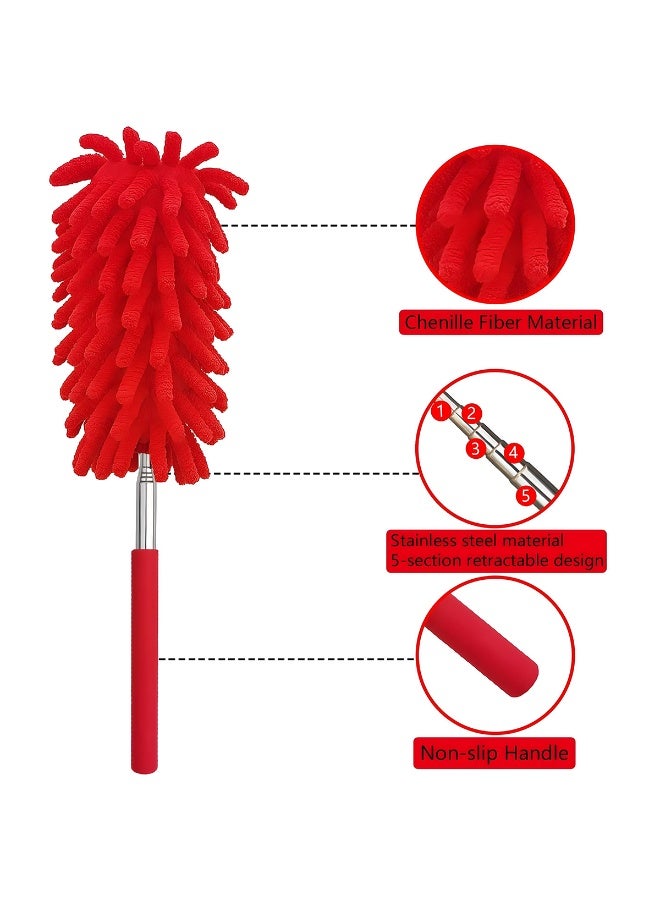 منفضة غبار حمراء قابلة للتمديد من ألياف المايكروفايبر والشينيل، بمقبض تلسكوبي من الفولاذ المقاوم للصدأ بطول 25-74 سم، رأس قابل للغسل والفصل، مقبض غير قابل للانزلاق، أداة تنظيف الغبار للمنزل والسيارة والمكتب ومروحة السقف والأثاث والستائر ولوحة المفاتيح ولوحة القيادة والأسطح الداخلية. - Image 3