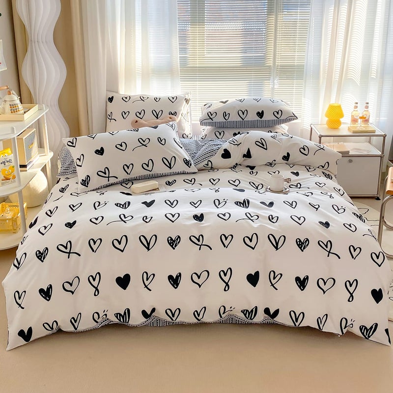 BlueBlue BlueBlue Hearts Kids Duvet Cover Set Queen 100 Cotton Bedding for Boys Girls Teens Cartoon Black White Heart Love Pattern 1 Cute Full Comforter Cover 2 Pillow Shams Queen 