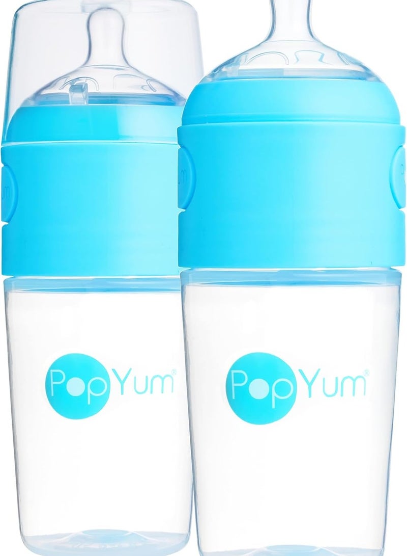 PopYum زجاجات حليب الأطفال PopYum سعة 9 أونصات باللون الأزرق، تركيبة مضادة للمغص، مجموعة من 2 مع حلمات تدفق متوسطة #2، 260 مل، خالية من BPA، قفل طبيعي