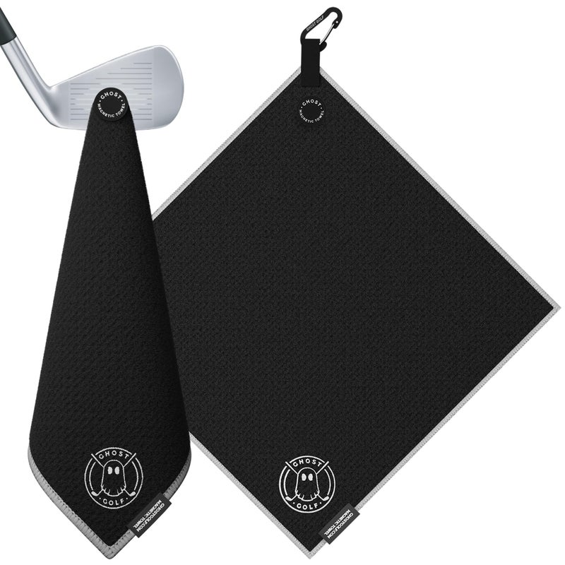 Ghost Golf Magnetic Towel (Greenside) - Premium Ultra-Absorbent Microfiber Golf Towel with Magnet for Golf Carts or Clubs - 18" x 18" Golfing Gear - Waffle Weave Pattern (Black) - Image 1