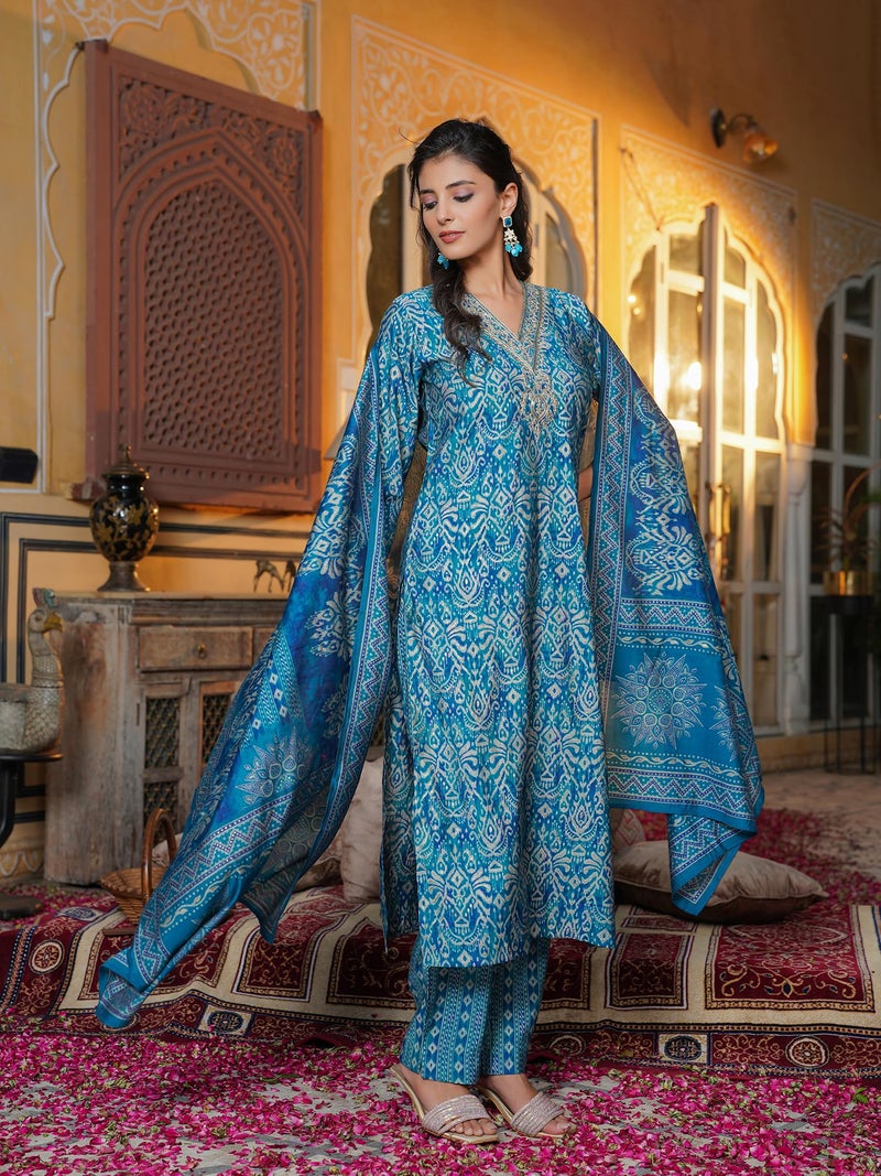 Vaamsi Women's Blue Silk Blend Printed Straight Ethnic Motifs Kurta Trousers With Dupatta Set | Daily Straight Kurta Set For Women | Printed Salwar Suit For Women (SKSKD3103, M) - Image 5
