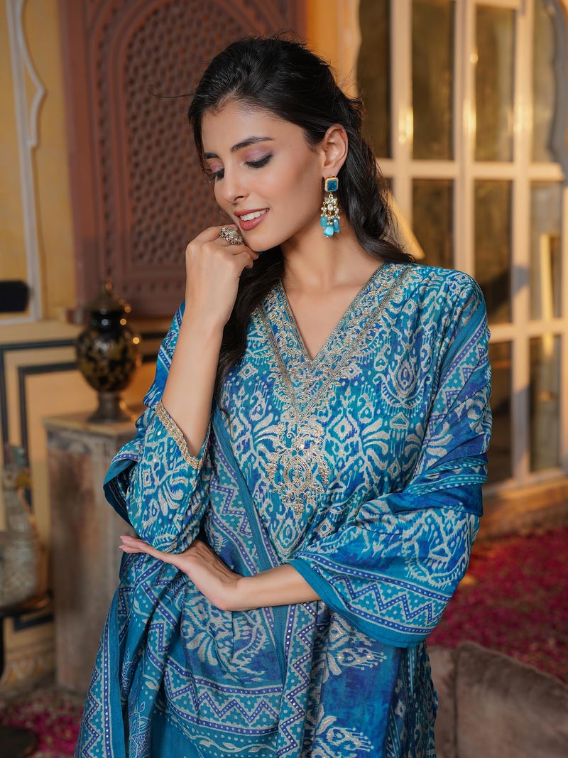 Vaamsi Women's Blue Silk Blend Printed Straight Ethnic Motifs Kurta Trousers With Dupatta Set | Daily Straight Kurta Set For Women | Printed Salwar Suit For Women (SKSKD3103, M) - Image 2