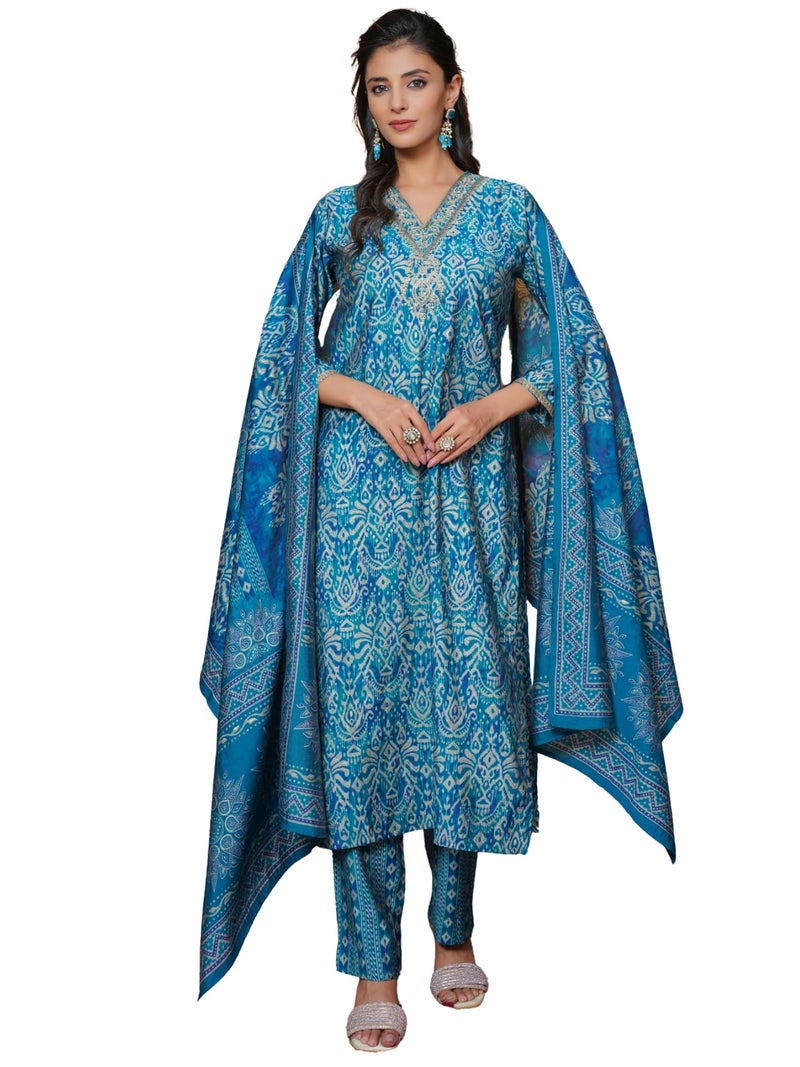Vaamsi Women's Blue Silk Blend Printed Straight Ethnic Motifs Kurta Trousers With Dupatta Set | Daily Straight Kurta Set For Women | Printed Salwar Suit For Women (SKSKD3103, M) - Image 1