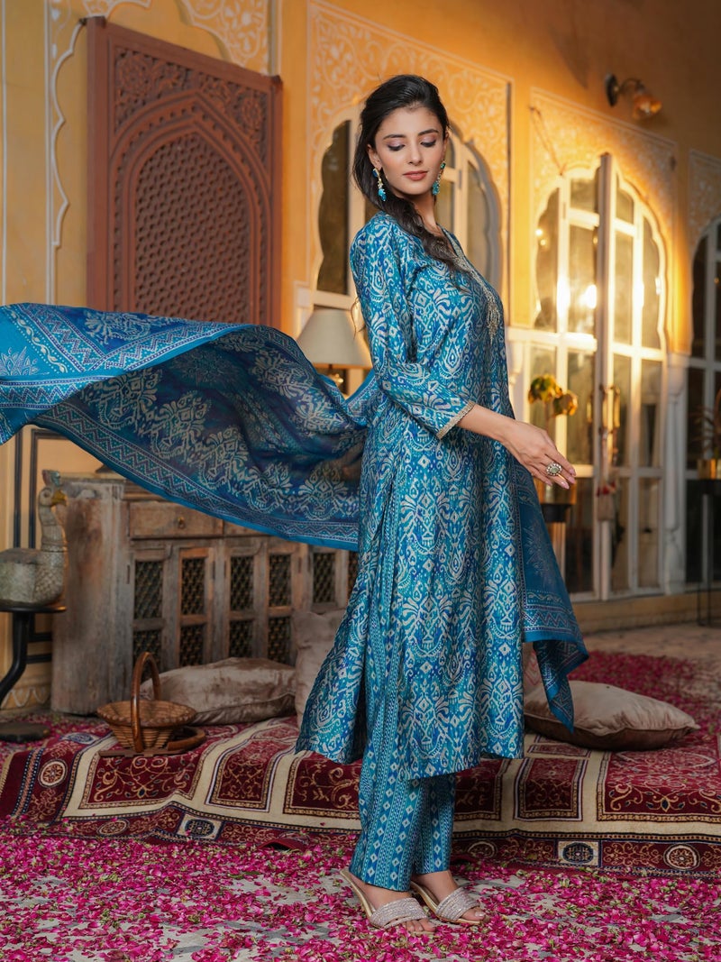 Vaamsi Women's Blue Silk Blend Printed Straight Ethnic Motifs Kurta Trousers With Dupatta Set | Daily Straight Kurta Set For Women | Printed Salwar Suit For Women (SKSKD3103, M) - Image 3