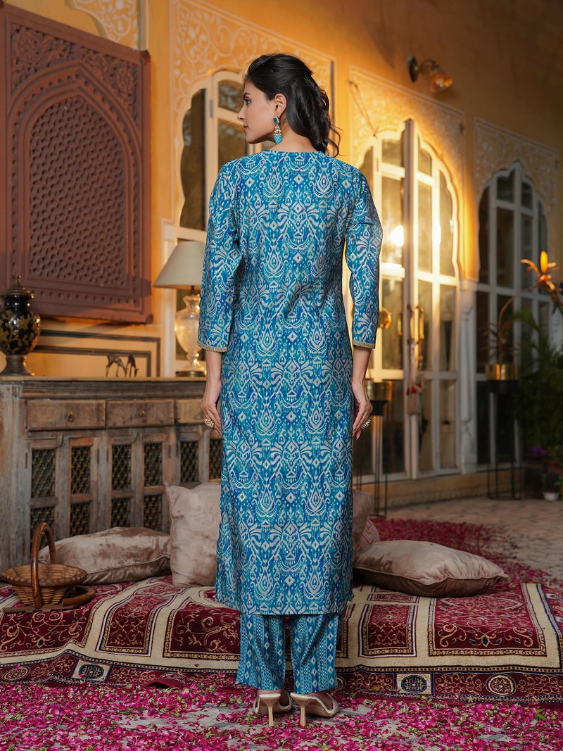 Vaamsi Women's Blue Silk Blend Printed Straight Ethnic Motifs Kurta Trousers With Dupatta Set | Daily Straight Kurta Set For Women | Printed Salwar Suit For Women (SKSKD3103, M) - Image 4