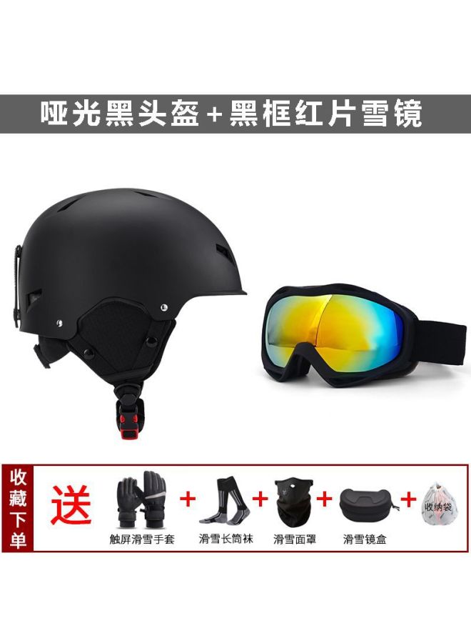 Professional Ski Helmet Anti-Fall Lightweight Men's Women's Winter Snow Helmet Set with Goggles (Black Helmet, Black Frame Red Film)