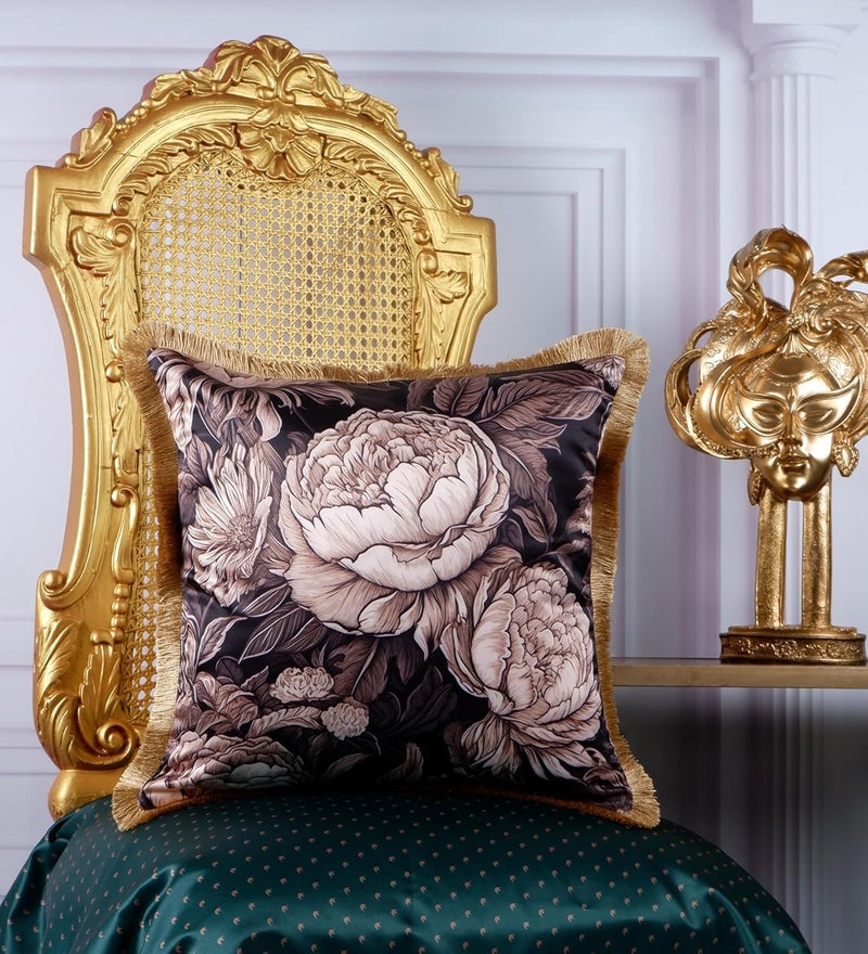 THE WHITE INK DECOR THE WHITE INK DECOR Premium Satin Tropical Print with Stripes Cushion Cover with Fringe Edging and Concealed Zipper 16x16 inches Decorative Throw Pillow Covers for Sofa 