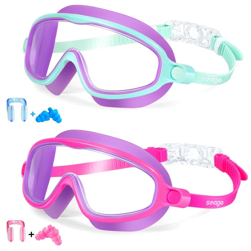 Seago Kids Goggles for Swimming 2 Pack No Leaking AntiFog Outer Eye Fit with Wide View UV Protection Crystal Clear Watertight Swim Goggles with nose cover Suitable for Children Youth Boys Girls Age 3 to 14 - Image 2