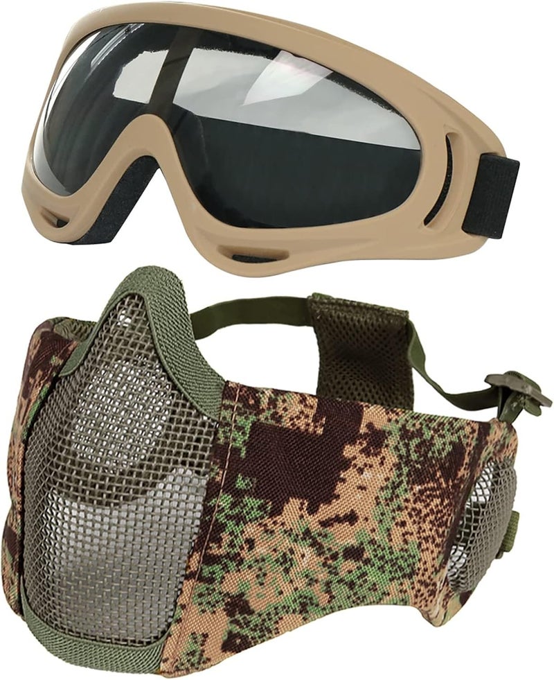 Aoutacc Airsoft Protective Gear Set, Half Face Mesh Mask with Ear Protection and Tactical Goggles for Adult Men Women BBS Paintball Shooting CS Survival Games Cosplay - Image 1