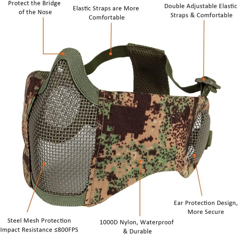 Aoutacc Airsoft Protective Gear Set, Half Face Mesh Mask with Ear Protection and Tactical Goggles for Adult Men Women BBS Paintball Shooting CS Survival Games Cosplay - Image 5