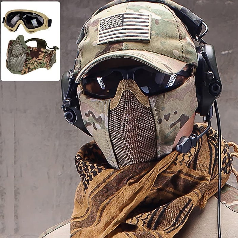 Aoutacc Airsoft Protective Gear Set, Half Face Mesh Mask with Ear Protection and Tactical Goggles for Adult Men Women BBS Paintball Shooting CS Survival Games Cosplay - Image 2