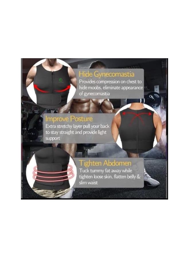 S-TOP Sauna Suit Waist Trainer Vest for Men with ZipperTank Top Trimmer Body Shaper with Two Belt, Body Shapewear Vest Workout Waist Trimmer Suit Zipper Short Sleeve (X-Large) - Image 2