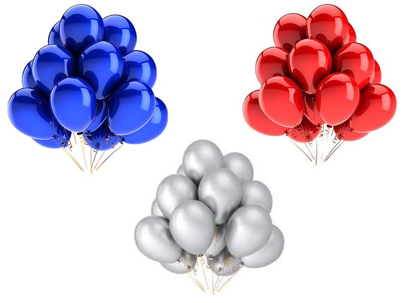 Vail Creations Made in India 12 inch HD Metallic Finish Balloons for Birthday/Anniversary Party Decoration (Red + Blue + Silver, Pack of 50) - Image 1