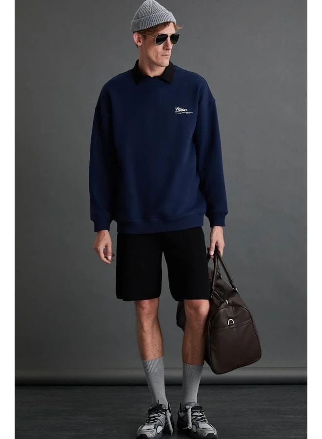 GRIMELANGE Ernest Men's Soft Inner Fleece Print Detailed Organic Cotton Oversize Navy Sweatshirt.