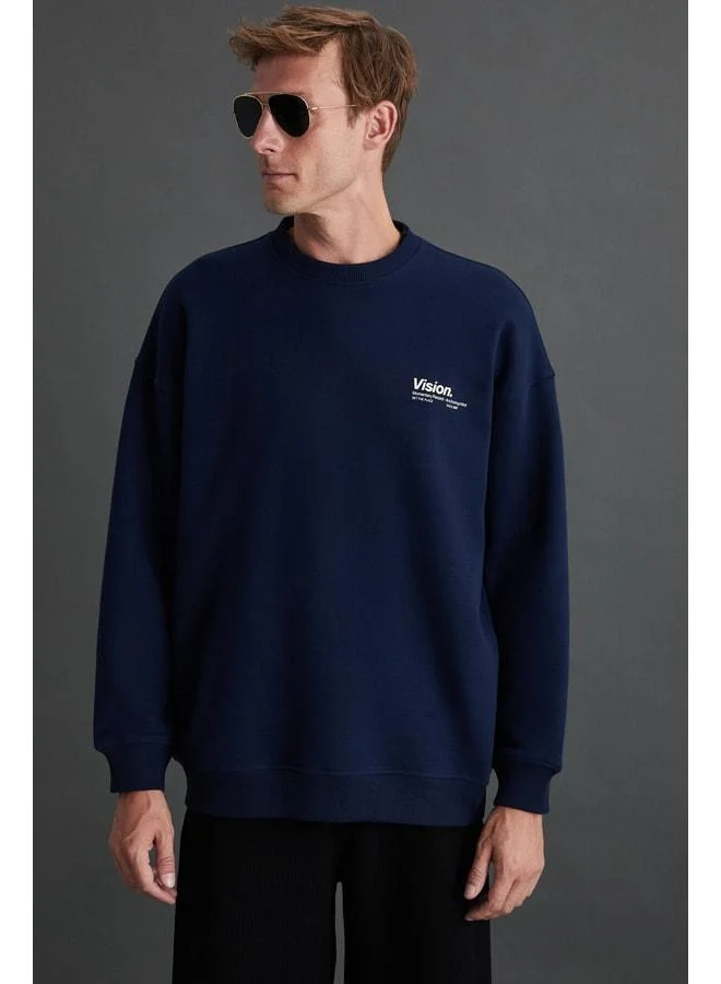 GRIMELANGE Ernest Men's Soft Inner Fleece Print Detailed Organic Cotton Oversize Navy Sweatshirt.