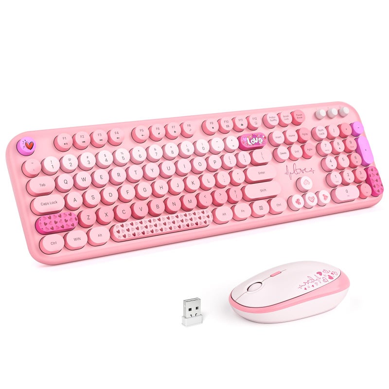 MOWUX Wireless Keyboard and Mouse Combo MOWUX Full Size Typewriter Retro Round Computer Keyboard Cute Optical Mouse Wireless Plug and Play for Laptop PC Computer Pink Heart - Image 2