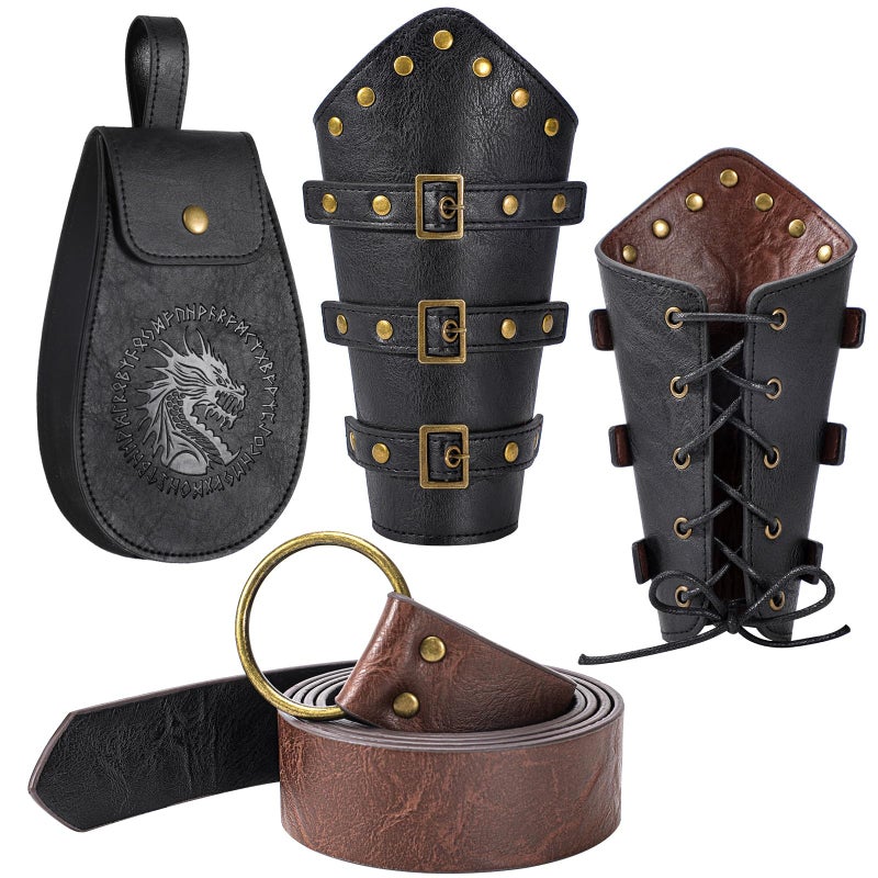 Berenlu 3 PCS Renaissance Accessories, Viking Renaissance Belt Medieval Vintage Belt Pouch and Leather Bracers, Enhance Your Halloween Renaissance Cosplay with Medieval Accessories (Black) - Image 1