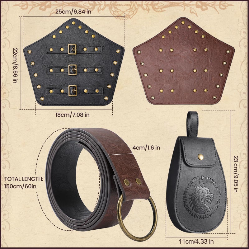 Berenlu 3 PCS Renaissance Accessories, Viking Renaissance Belt Medieval Vintage Belt Pouch and Leather Bracers, Enhance Your Halloween Renaissance Cosplay with Medieval Accessories (Black) - Image 2