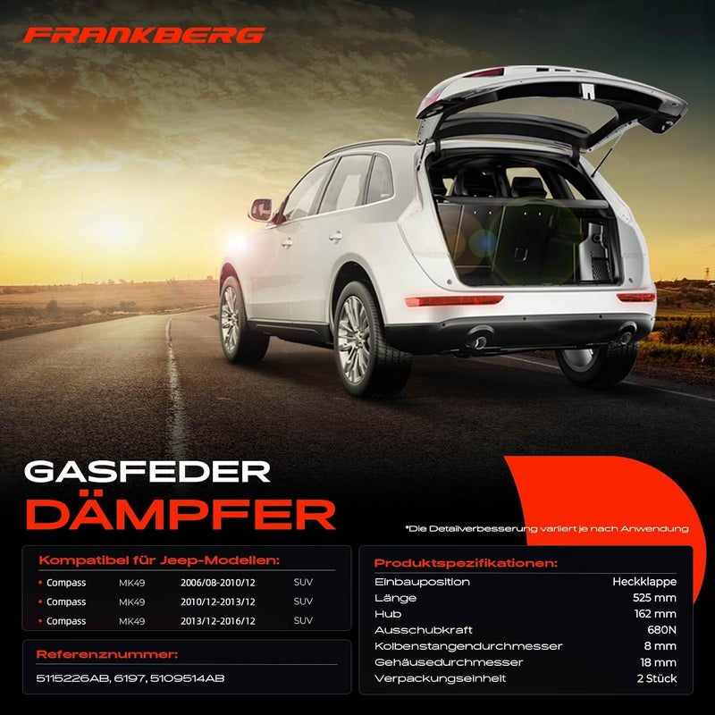 Frankberg 2 × ممتص الصدمات الزنبركي الغازي للباب الخلفي متوافق مع Compass MK49 2.0L 2.2L 2.4L 2006-2019 بديل # 5109514AB تصميم يطيل العمر - Image 3