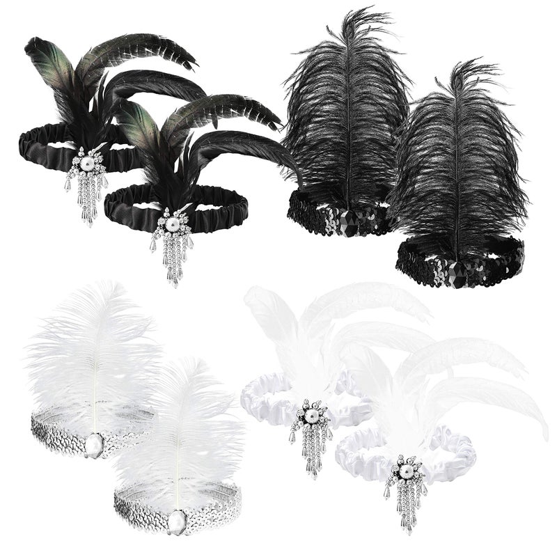 WATINC 8pcs 1920s Flapper Headband,Black and White Sequin Headband with Feather Jewel Detail, Great Gatsby 1920s Hair Accessory, Roaring 20s Gatsby Costume, Vintage Headpiece for Gatsby Theme Party - Image 1