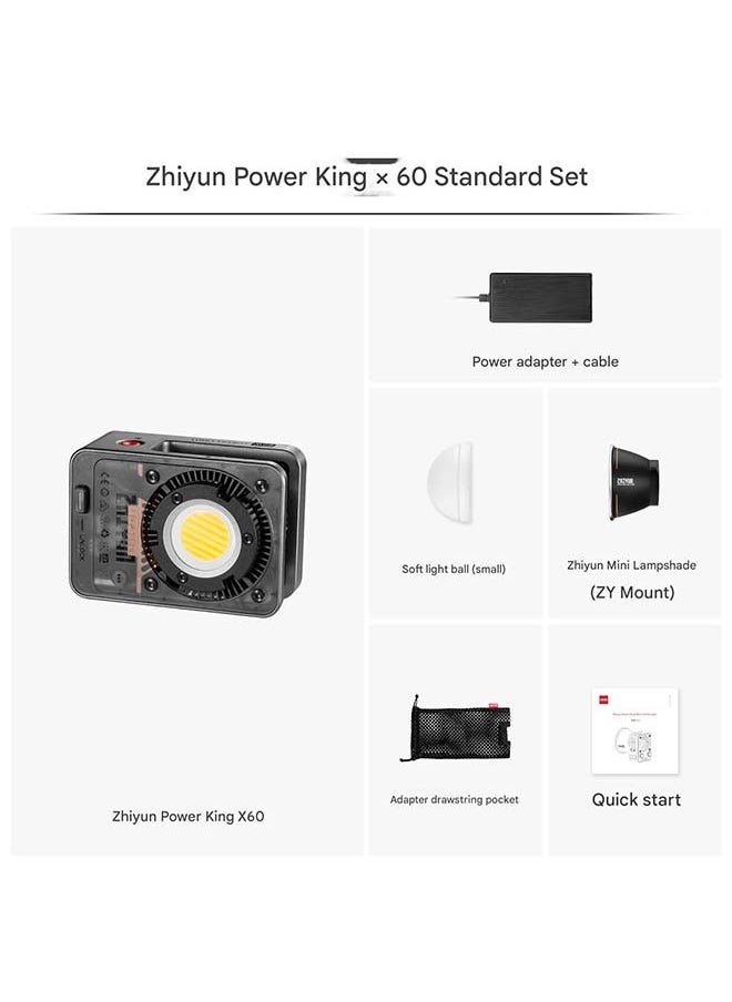 ZHIYUN Molus X60 [رسمي] مصباح فيديو ثنائي اللون 60 واط، إضاءة مستمرة لكاميرا COB محمولة، التحكم عبر التطبيق•مؤشر تجسيد اللون ≥95•مؤشر تباين الإضاءة ≥97•9 مشاهد لتسجيل الفيديو/البورتريه/الفيديو التلفزيوني (قياسي)